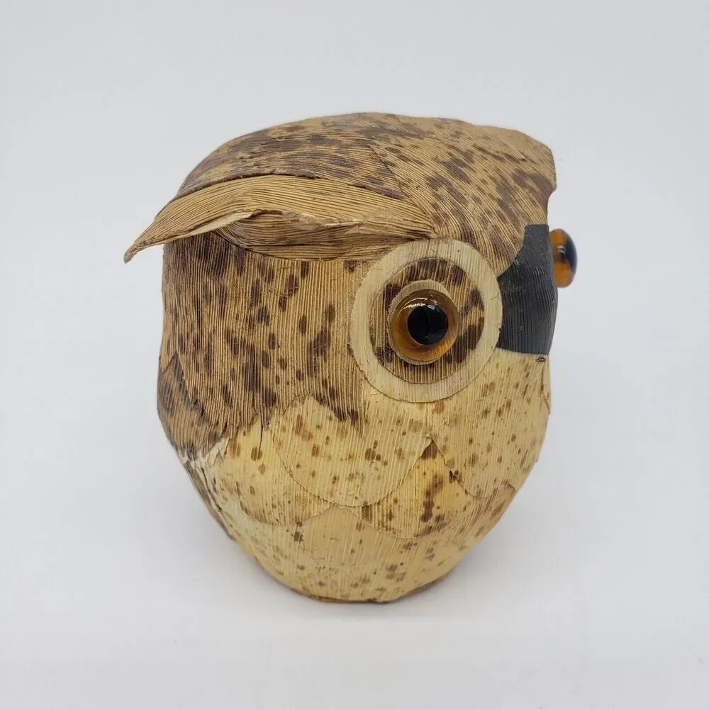 Japanese Wooden Tree Bark Crafted Owl‎ Bank Fukuro Statue Lucky Figure